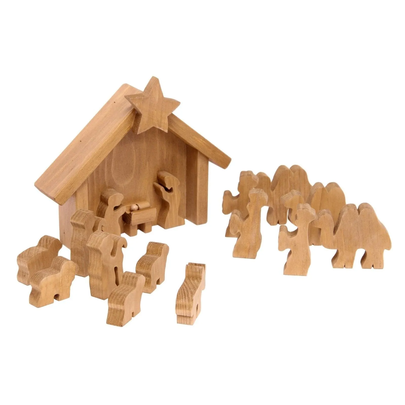 Amish-Made Wooden Nativity Manger Scene Set, 14 Pieces