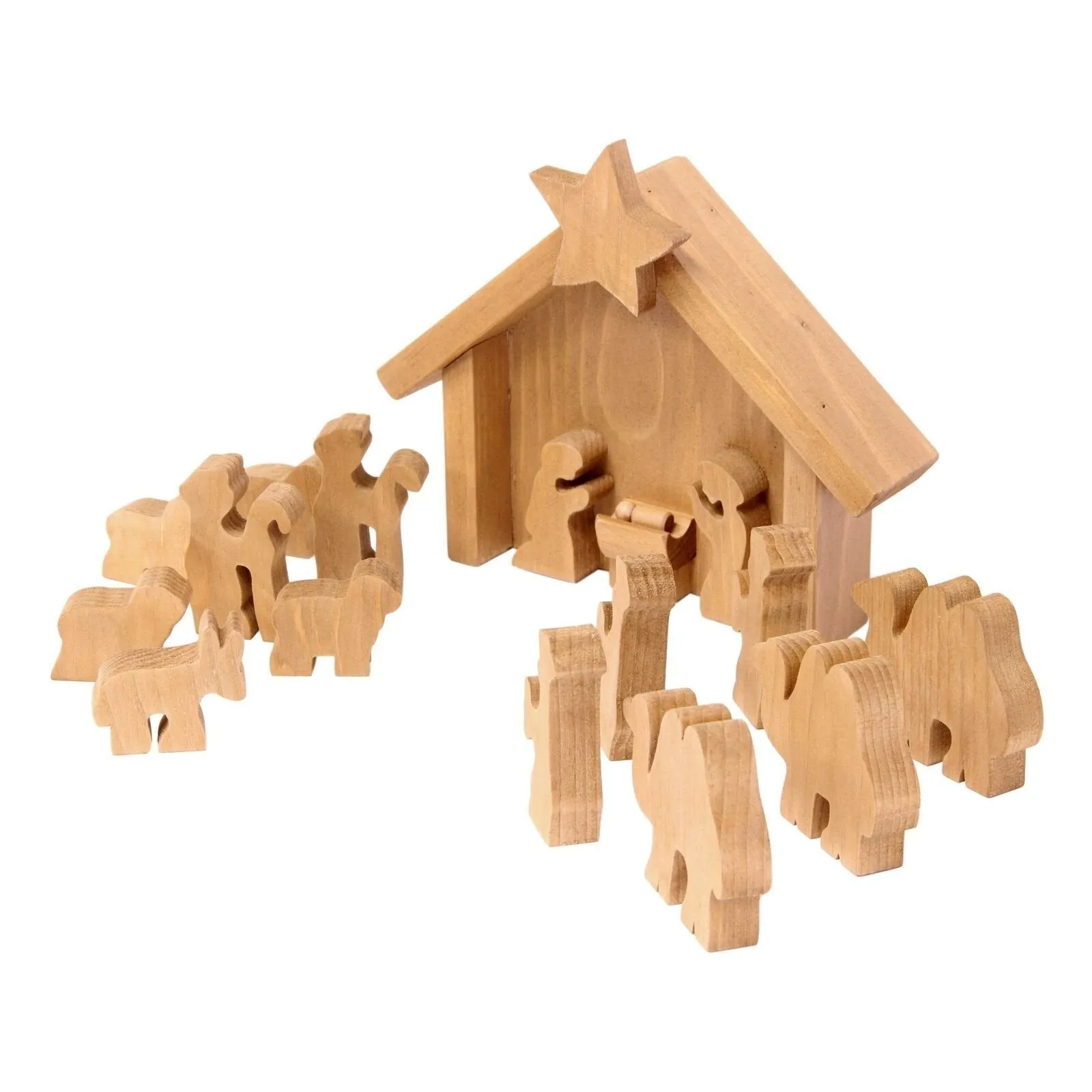 Amish-Made Wooden Nativity Manger Scene Set, 14 Pieces