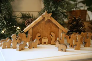 Amish-Made Wooden Nativity Manger Scene Set, 14 Pieces