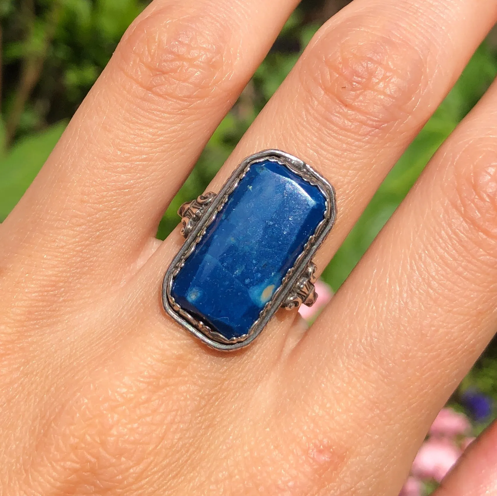 Antique Art Deco Silver Lapis Stone Ring