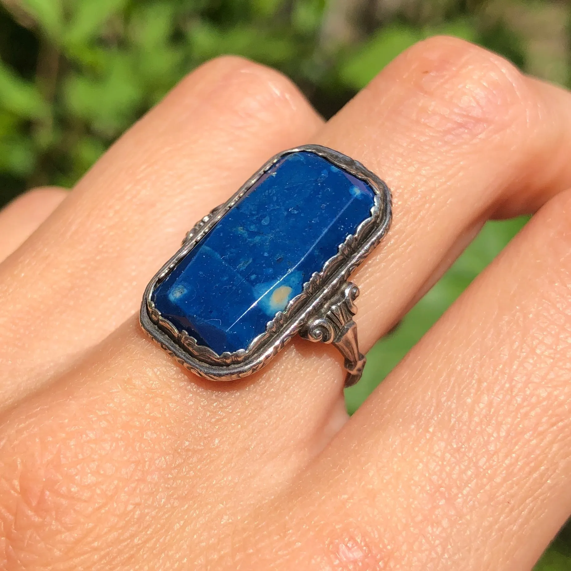 Antique Art Deco Silver Lapis Stone Ring