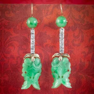 Antique Edwardian Jade Diamond Drop Earrings Platinum 18ct Gold Circa 1910