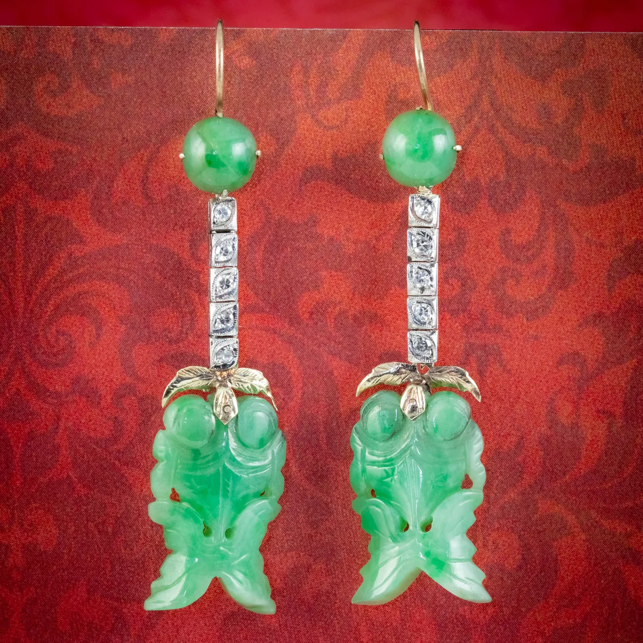 Antique Edwardian Jade Diamond Drop Earrings Platinum 18ct Gold Circa 1910