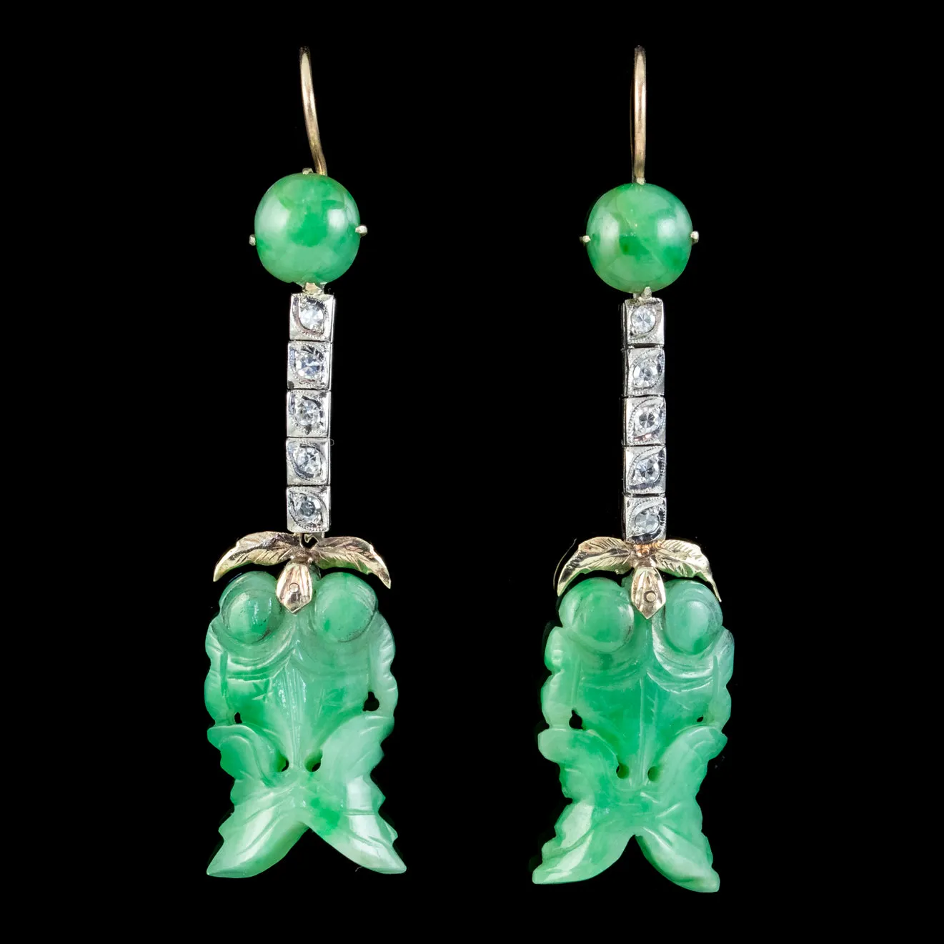 Antique Edwardian Jade Diamond Drop Earrings Platinum 18ct Gold Circa 1910