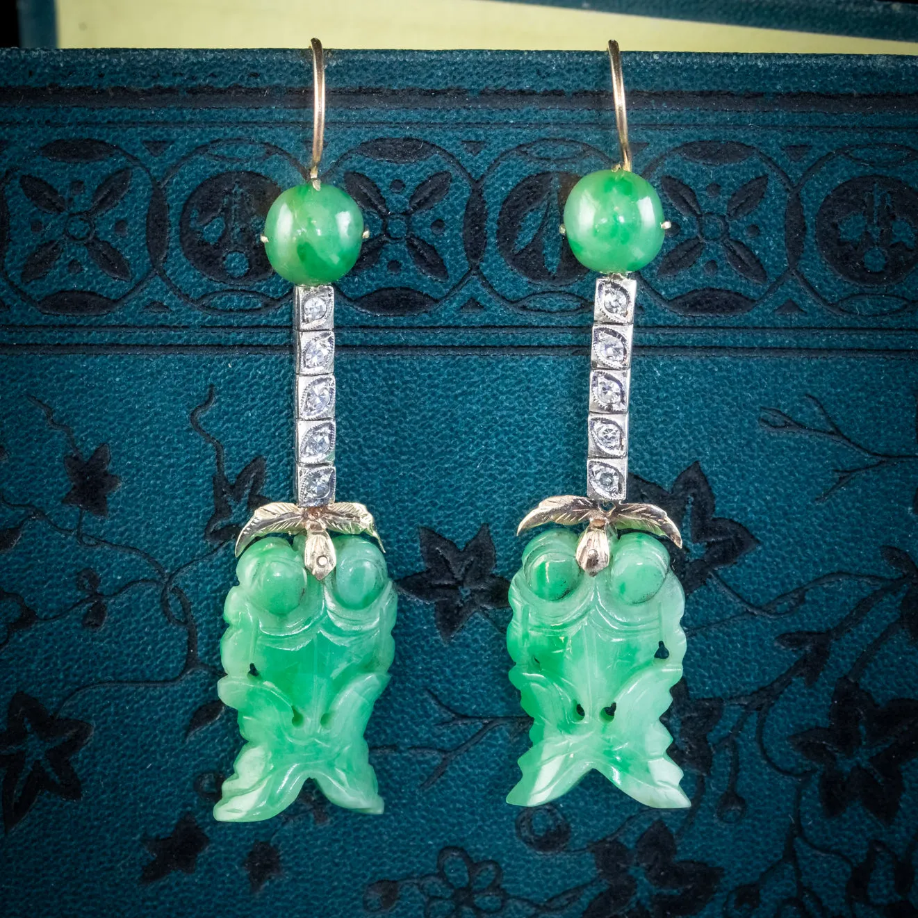 Antique Edwardian Jade Diamond Drop Earrings Platinum 18ct Gold Circa 1910