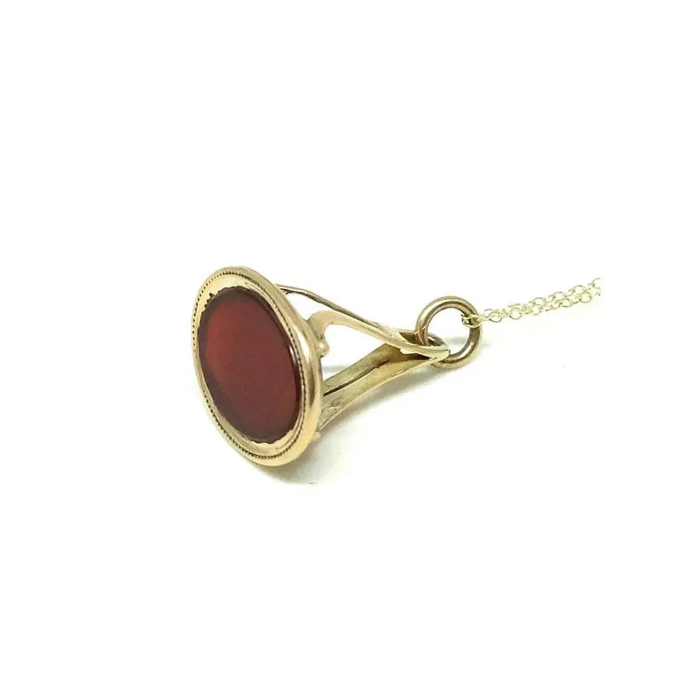 Antique Edwardian Oval Carnelian Gemstone Fob 9ct Yellow Gold Pendant Necklace