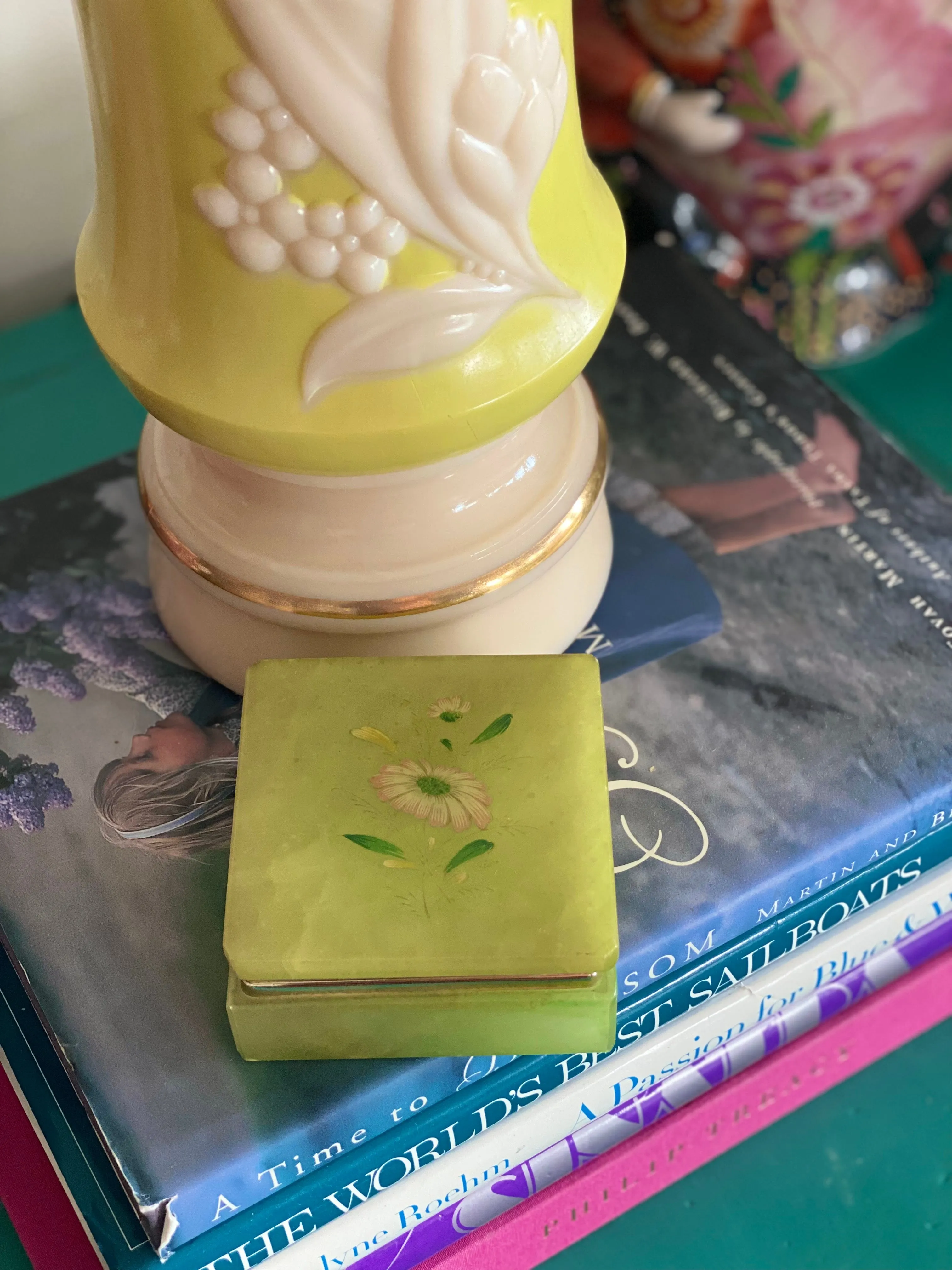 Antique/Vintage Green onyx hand painted trinket box