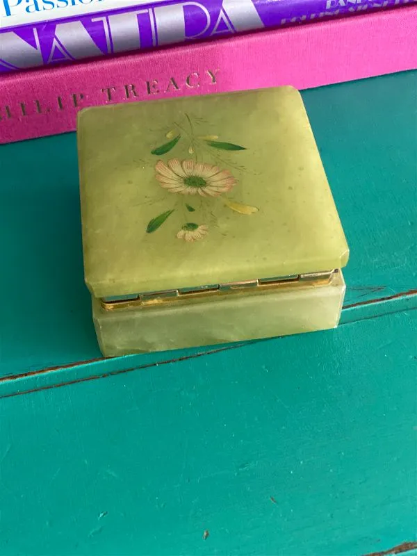 Antique/Vintage Green onyx hand painted trinket box