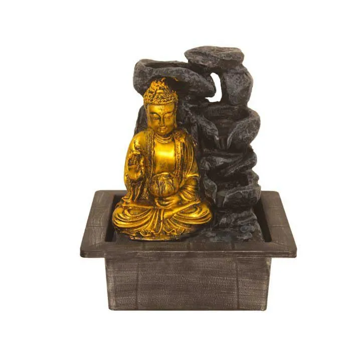 Art N Hub Blessing Buddha Indoor Outdoor Table Top Fengshui Water Fountain Office Decorative Items Best Ornaments for Home Decor (21 x 18 x 25 CM | Grey Golden)