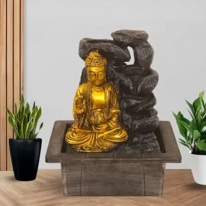 Art N Hub Blessing Buddha Indoor Outdoor Table Top Fengshui Water Fountain Office Decorative Items Best Ornaments for Home Decor (21 x 18 x 25 CM | Grey Golden)