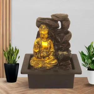 Art N Hub Blessing Buddha Indoor Outdoor Water Fountain Gift Items for Home Decoration and Office Decoration | Vastu Showpiece for Home (21 x 18 x 25 CM | Brown Golden)