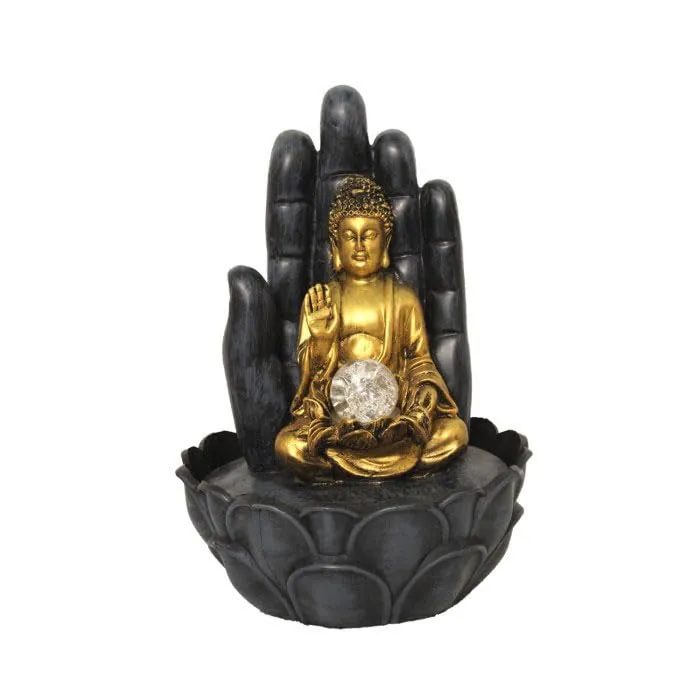 Art N Hub Hand Buddha Indoor Waterfall Fountain Office Decorative Items for Desk with Crystall Ball LED Light Best Welcome Gifts for Guest & Home Decoration (27 x 27 x 38 CM | Grey Golden)