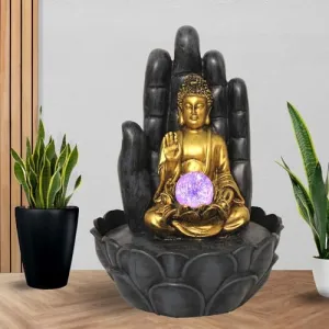 Art N Hub Hand Buddha Indoor Waterfall Fountain Office Decorative Items for Desk with Crystall Ball LED Light Best Welcome Gifts for Guest & Home Decoration (27 x 27 x 38 CM | Grey Golden)