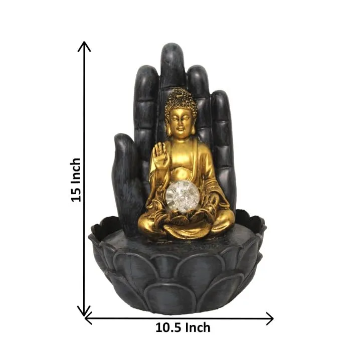 Art N Hub Hand Buddha Indoor Waterfall Fountain Office Decorative Items for Desk with Crystall Ball LED Light Best Welcome Gifts for Guest & Home Decoration (27 x 27 x 38 CM | Grey Golden)