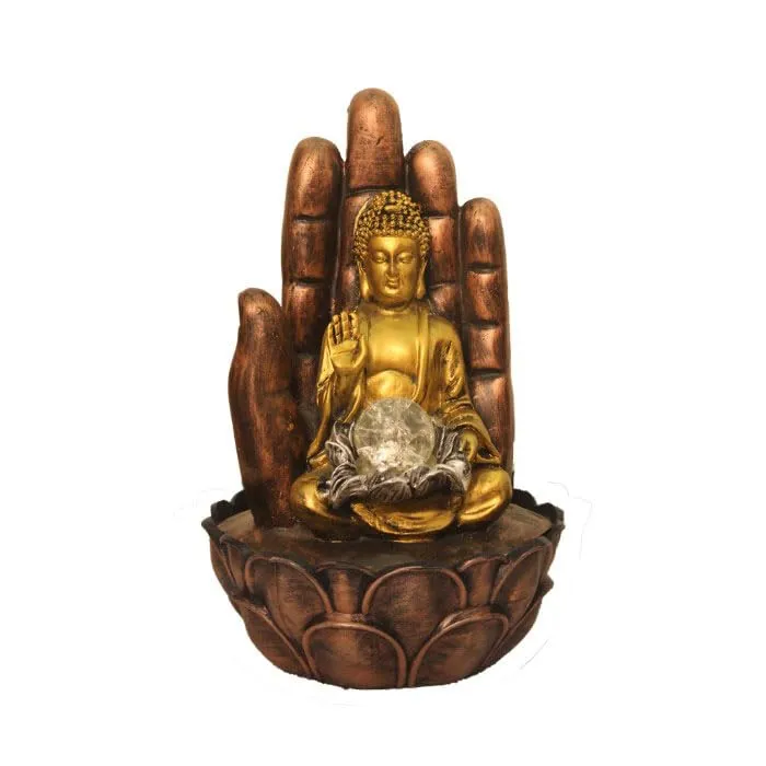 Art N Hub Hand Buddha Table Top Water Fountain with Crystal Ball Table Decorative Items and Home Decor Items for Living Room | Best Temple Decoration Items (27 x 27 x 38 CM | Golden Copper & Silver)