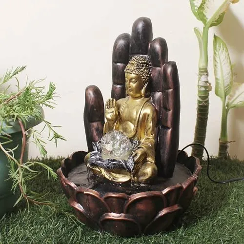 Art N Hub Hand Buddha Table Top Water Fountain with Crystal Ball Table Decorative Items and Home Decor Items for Living Room | Best Temple Decoration Items (27 x 27 x 38 CM | Golden Copper & Silver)