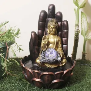 Art N Hub Hand Buddha Table Top Water Fountain with Crystal Ball Table Decorative Items and Home Decor Items for Living Room | Best Temple Decoration Items (27 x 27 x 38 CM | Golden Copper & Silver)