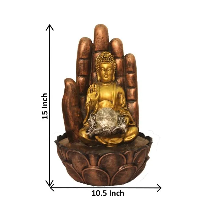 Art N Hub Hand Buddha Table Top Water Fountain with Crystal Ball Table Decorative Items and Home Decor Items for Living Room | Best Temple Decoration Items (27 x 27 x 38 CM | Golden Copper & Silver)