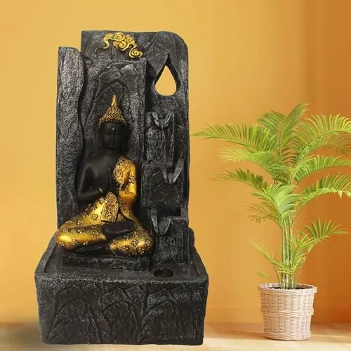 Art N Hub Loard Gautm Buddha Table Top Water Fountain with LED Light Table Decorative Items and Home Decor Items for Living Room | Best Temple Decoration Items (28 x 20 x 54 CM | Grey Golden)