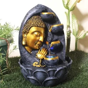 Art N Hub Lord Buddha Face Indoor Outdoor Tabletop Fountain for Home Decor Office Decor and Gifting Built Home Decorative Gift Items (27 x 27 x 41 CM | Grey Golden)