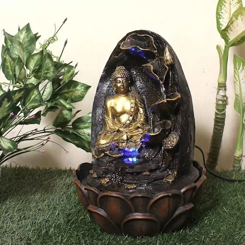 Art N Hub Lord Buddha Fengshui Antique Look Water Fountain Interior Decoration Items for Home Best As Gift Items for Home Decoration (27 x 27 x 39 CM | Brown Golden)