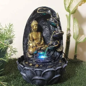 Art N Hub Lord Buddha Indoor Outdoor Water Fountain Gift Items for Home Decoration and Office Decoration | Vastu Showpiece for Home (27 x 27 x 39 CM | Grey Golden)