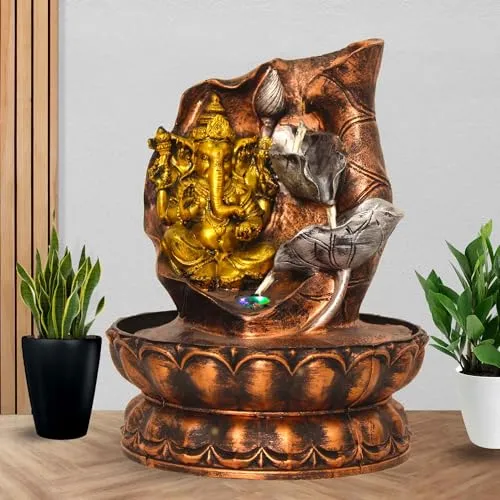 Art N Hub Lord Ganesha Handicraft Tabletop Indoor Outdoor Waterfall Fountain Balcony Decoration Items Water Fountain for Home Vastu (20 x 20 x 25 CM | Golden & Copper Multi Shade)