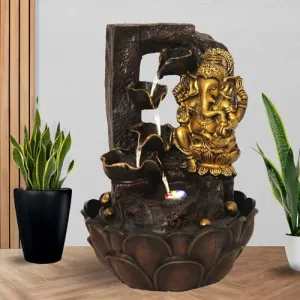 Art N Hub Lord Ganesha Indoor Outdoor Table Top Fengshui Water Fountain Office Decorative Items Best Ornaments for Home Decor (27 x 27 x 39 CM | Brown Golden)