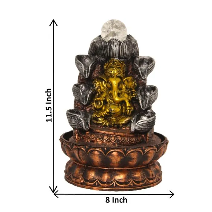 Art N Hub Lord Ganesha Table Top Water Fountain with Crystal Ball Table Decorative Items and Home Decor Items for Living Room | Best Temple Decoration Items (20 x 20 x 29 CM | Golden Copper & Silver)