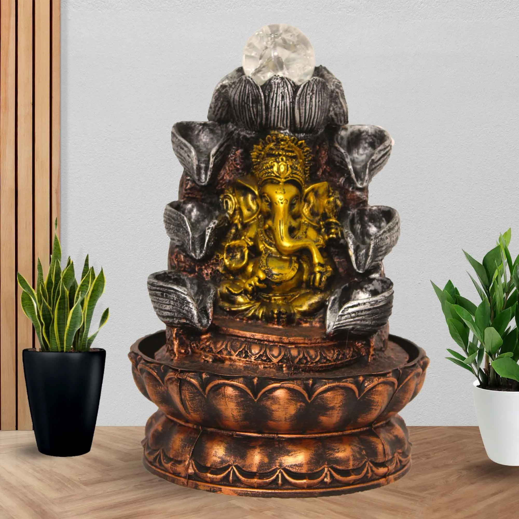 Art N Hub Lord Ganesha Table Top Water Fountain with Crystal Ball Table Decorative Items and Home Decor Items for Living Room | Best Temple Decoration Items (20 x 20 x 29 CM | Golden Copper & Silver)