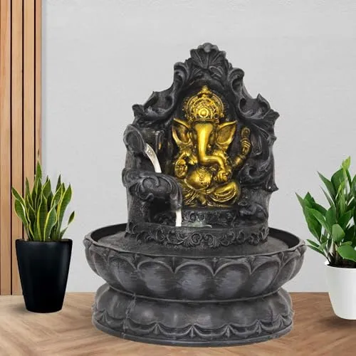 Art N Hub Lord Ganesha Tabletop Waterfall Fountain Decorative Gift Items for Home and Office Also Good As Garden Decoration Items | Home Inauguration Gift Items (20 x 20 x 25 CM | Grey Golden)