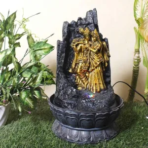 Art N Hub Lord Radha Krishna Indoor Waterfall for Home Decoration Housewarming Gift Items Best Interior Decoration Items for Home (27 x 27 x 42 CM | Grey Golden)