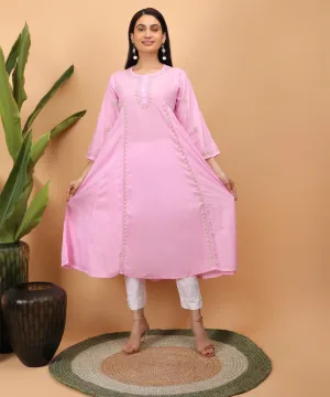 Baby pink hand embroidery cotton chikankari flared kurti