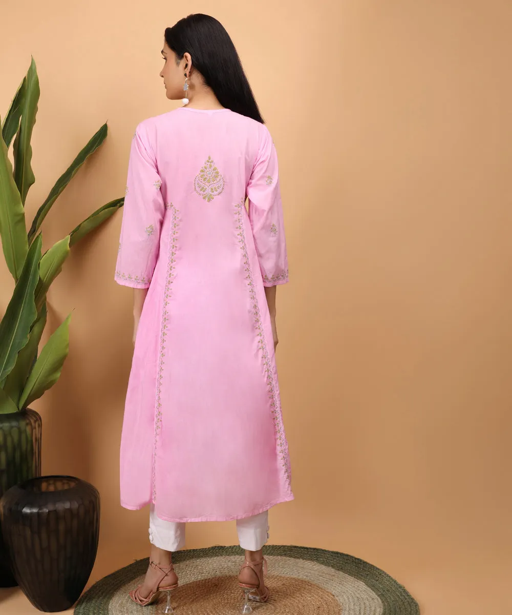 Baby pink hand embroidery cotton chikankari flared kurti