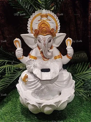 Big Bulk Big Ganesh White Kamal/Lotus Ganesh Fiber Indoor Outdoor Fountain with Led Lights for Home Decor and Office Decoration Or Gifting (90 cm X 65 cm X 65 cm)