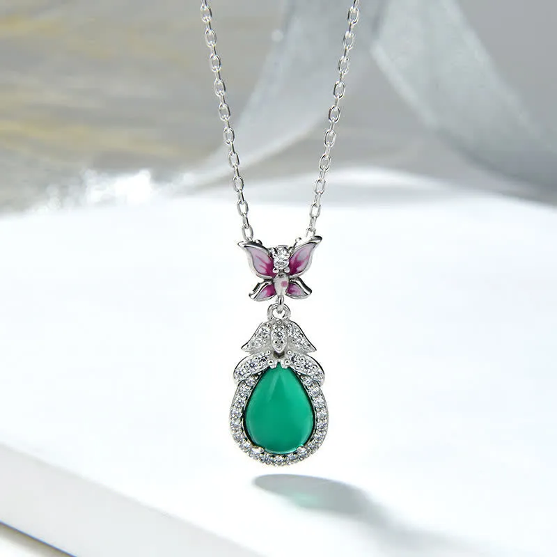 Buddha Stones 925 Sterling Silver Green Chalcedony Butterfly Zircon Courage Necklace Pendant