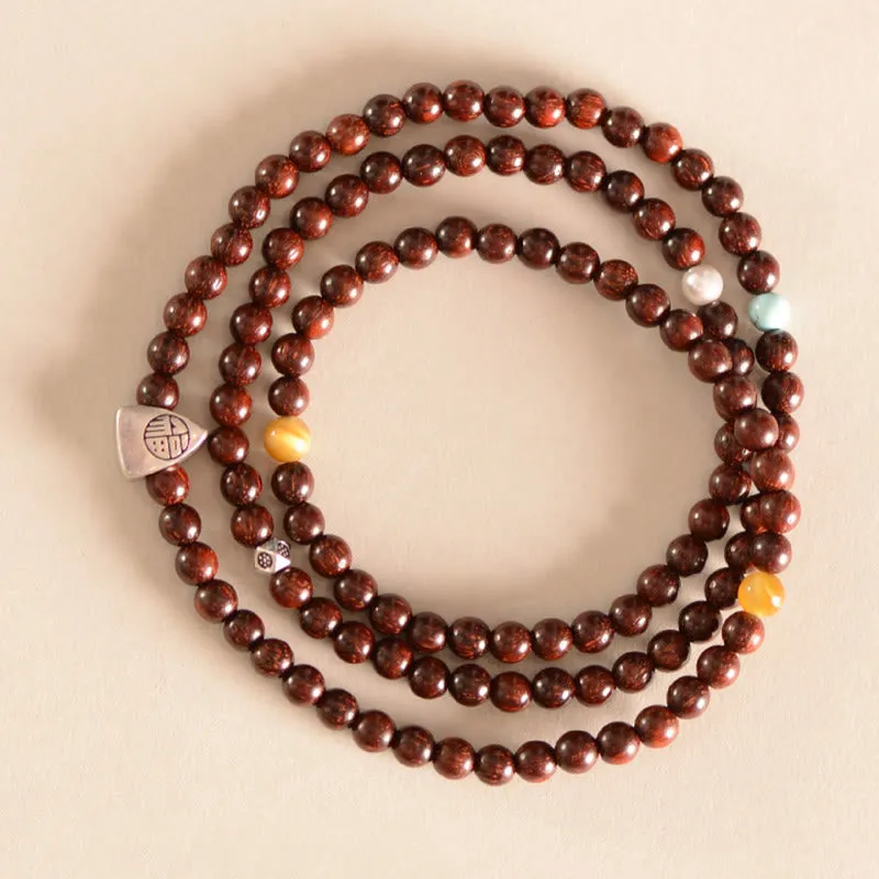 Buddha Stones 925 Sterling Silver Indian Small Leaf Red Sandalwood Fu Character Protection Triple Wrap Bracelet