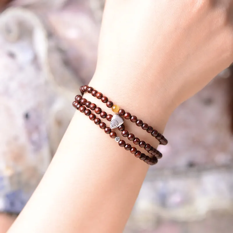 Buddha Stones 925 Sterling Silver Indian Small Leaf Red Sandalwood Fu Character Protection Triple Wrap Bracelet