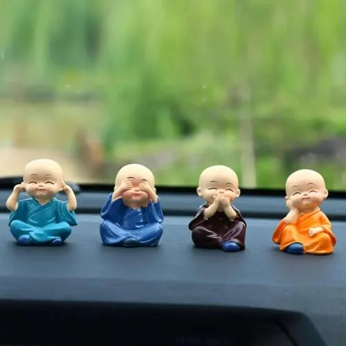 Chinese Polyresin Meditating Buddha Showpiece for Car Dashboard, Living Room, Table Top, Small, Multicolour, Set of 4 Feng Shui Items (Style_3