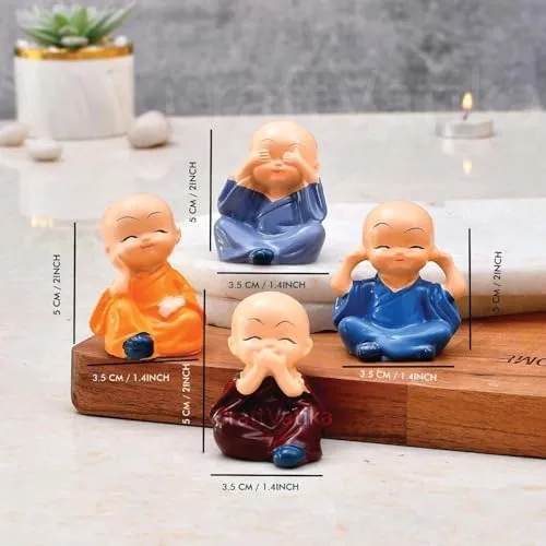 Chinese Polyresin Meditating Buddha Showpiece for Car Dashboard, Living Room, Table Top, Small, Multicolour, Set of 4 Feng Shui Items (Style_3