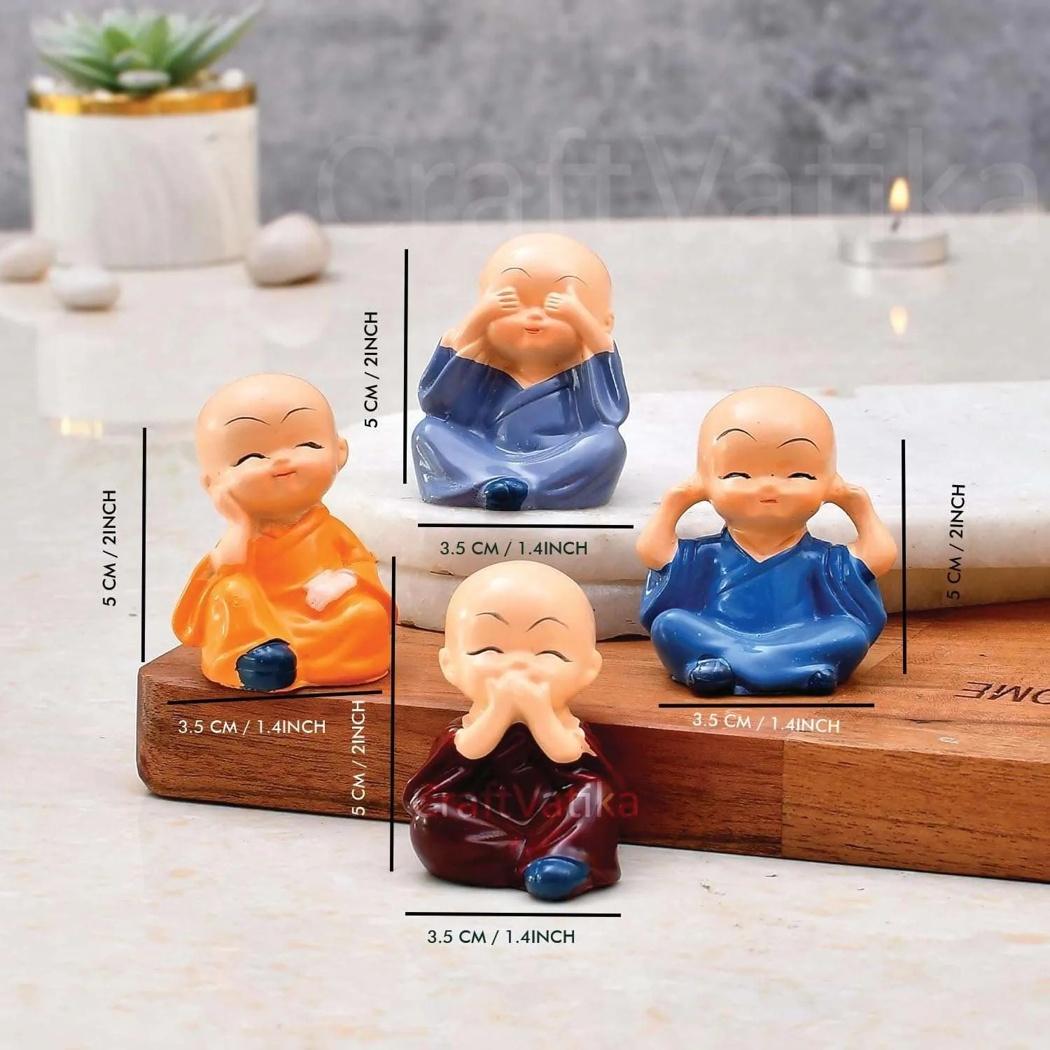 Chinese Polyresin Meditating Buddha Showpiece for Car Dashboard, Living Room, Table Top, Small, Multicolour, Set of 4 Feng Shui Items (Style_6