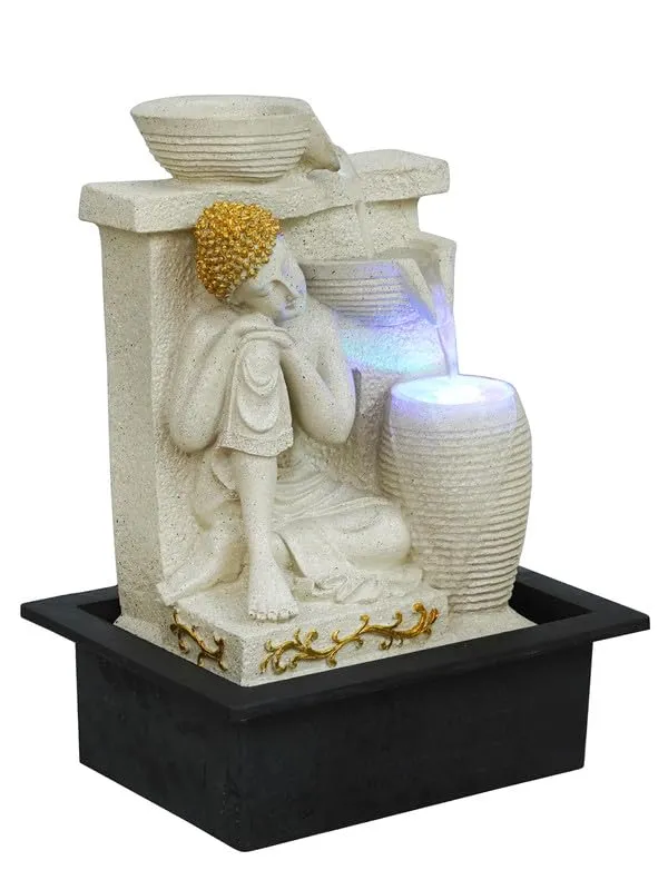 CHRONIKLE Polyresin Elegant Buddha Tabletop Indoor Waterfall Fountain for Home Office Decor with LED Light Water Flow Control Pump (CW FT 11444 Cream_M)