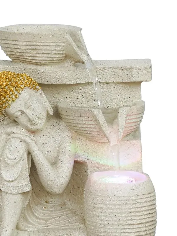 CHRONIKLE Polyresin Elegant Buddha Tabletop Indoor Waterfall Fountain for Home Office Decor with LED Light Water Flow Control Pump (CW FT 11444 Cream_M)