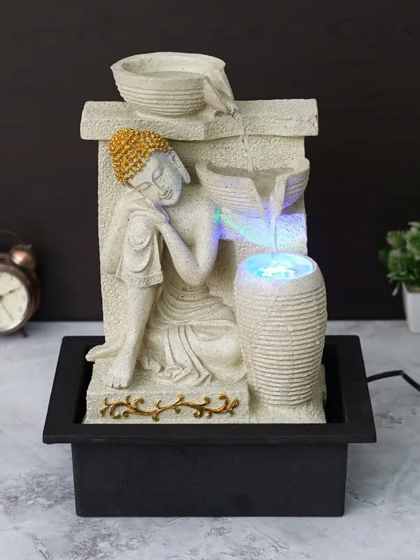 CHRONIKLE Polyresin Elegant Buddha Tabletop Indoor Waterfall Fountain for Home Office Decor with LED Light Water Flow Control Pump (CW FT 11444 Cream_M)