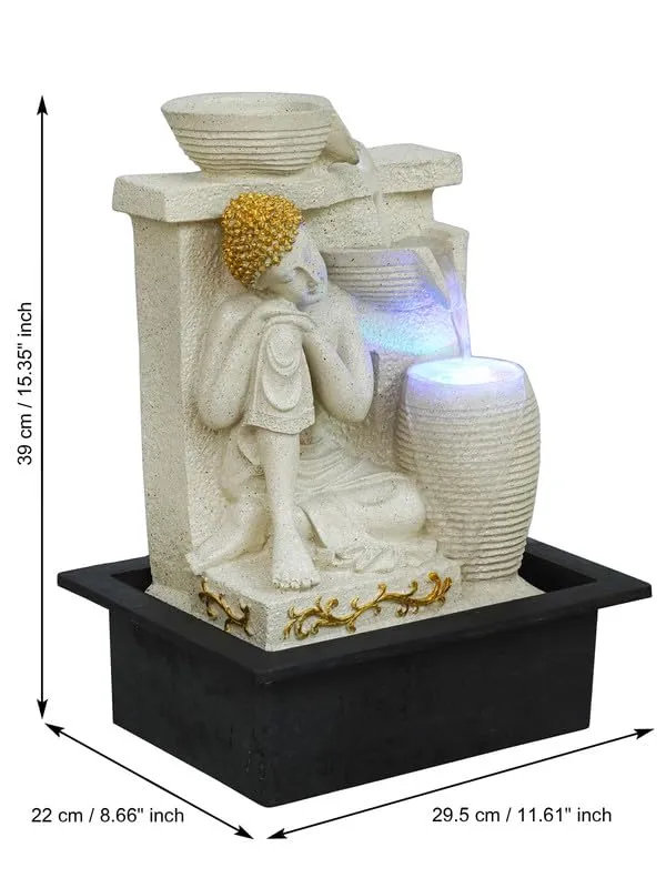 CHRONIKLE Polyresin Elegant Buddha Tabletop Indoor Waterfall Fountain for Home Office Decor with LED Light Water Flow Control Pump (CW FT 11444 Cream_M)