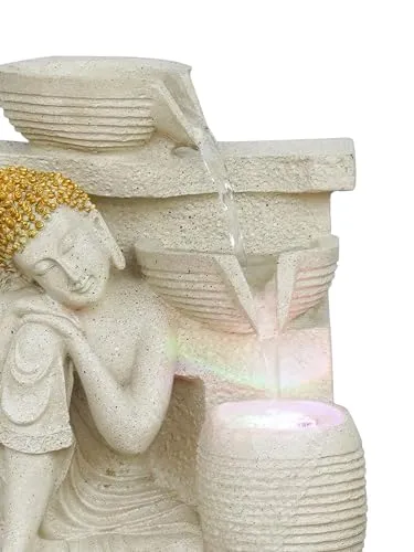 CHRONIKLE Polyresin Elegant Buddha Tabletop Indoor Waterfall Fountain for Home Office Decor with LED Light Water Flow Control Pump (CW FT 11444 Cream_M)