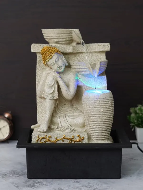 CHRONIKLE Polyresin Elegant Buddha Tabletop Indoor Waterfall Fountain for Home Office Decor with LED Light Water Flow Control Pump (CW FT 11444 Cream_M)