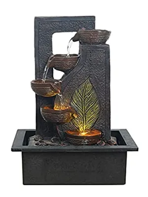 CHRONIKLE Polyresin Table Top Black 4 Diya Steps & Green Leaf Design Indoor Waterfall Fountain for Home Decor with LED Lights & Speed Controller Pump (Size: 40 x 29.5 x 22CM | Weight: 2250grm)