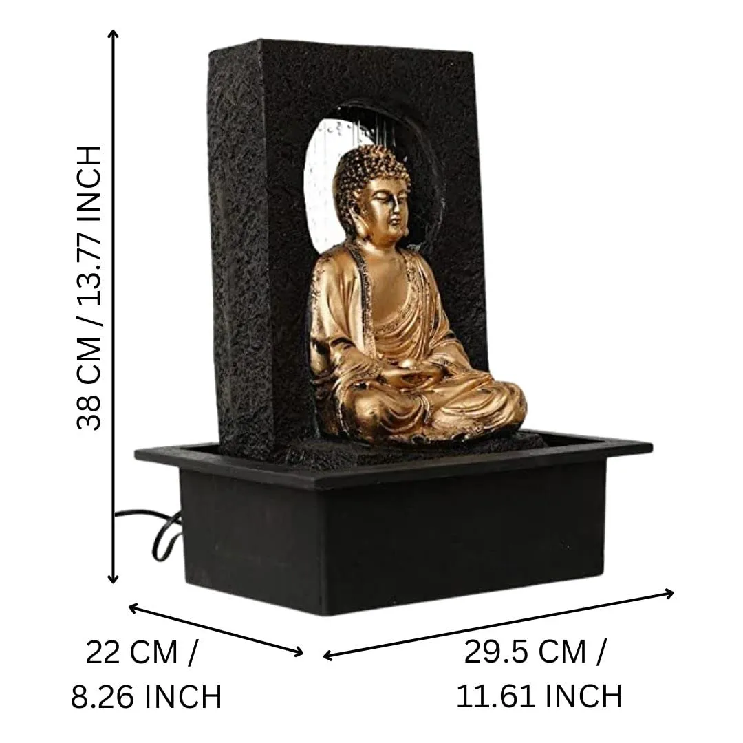 CHRONIKLE Polyresin Table Top Golden Brown Meditating Buddha Indoor Waterfall Fountain for Home Decor with Yellow LED Lights, Speed Controller Pump (Size: 38 x 22 x 29.5CM | Weight: 2120grm)