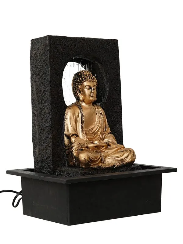 CHRONIKLE Polyresin Table Top Golden Brown Meditating Buddha Indoor Waterfall Fountain for Home Decor with Yellow LED Lights, Speed Controller Pump (Size: 38 x 22 x 29.5CM | Weight: 2120grm)